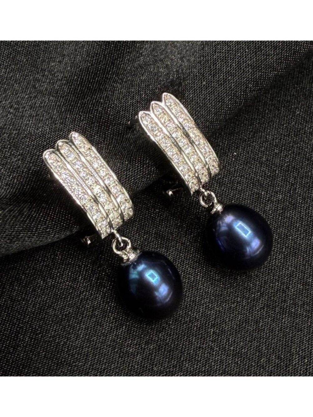 925 Sterling Silver & Genuine Black Pearl Drop Earrings With CZ Accent